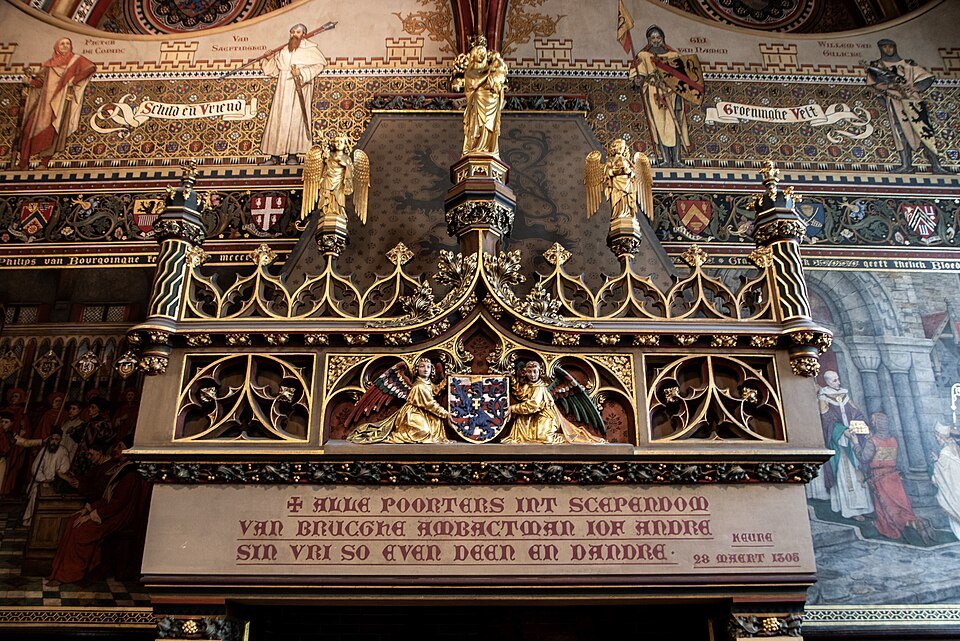A carved and painted fireplace in the City Hall