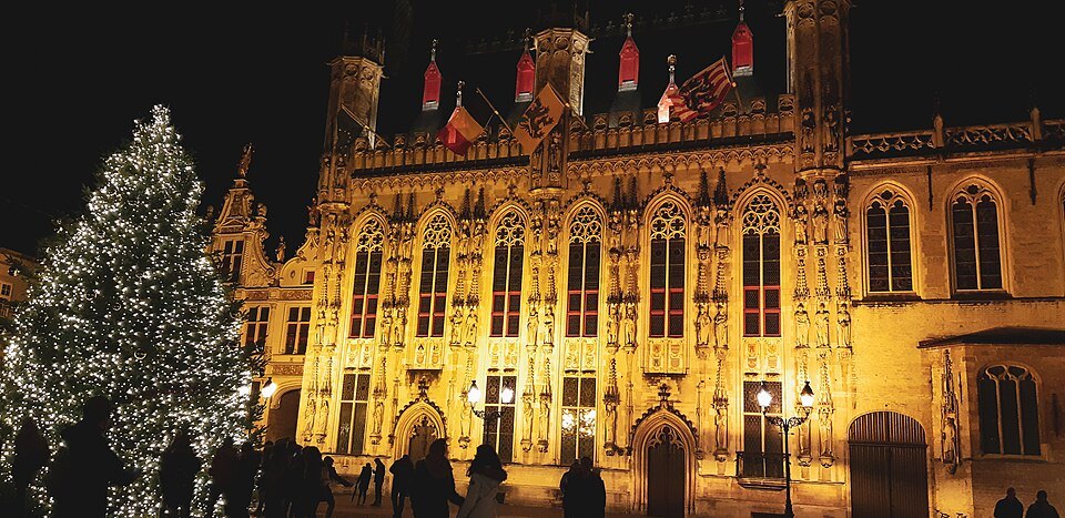 The City Hall floodlit on a winter evening beside a lit tree