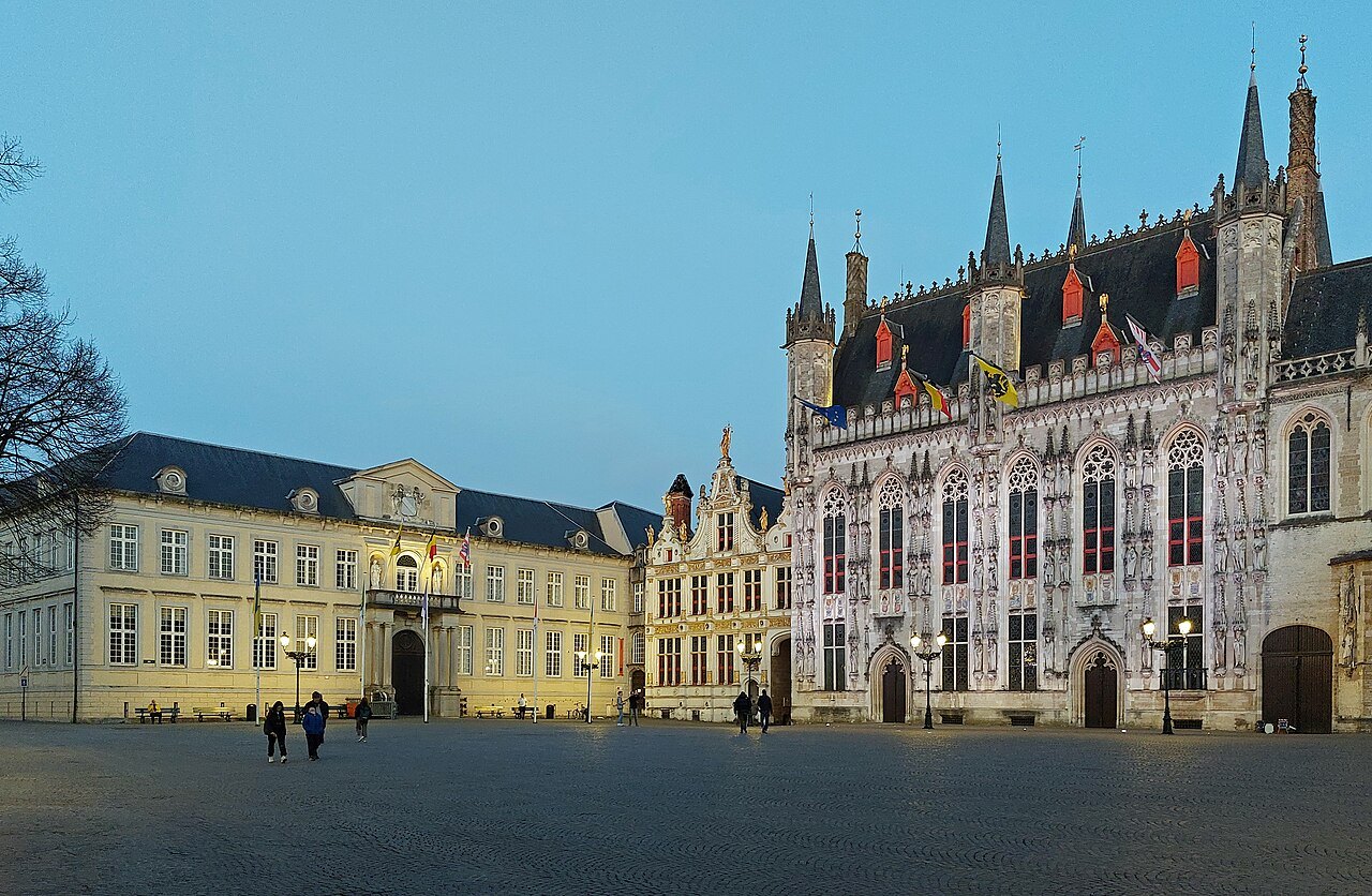 The Burg in the evening, the Gothic City Hall lit on the right