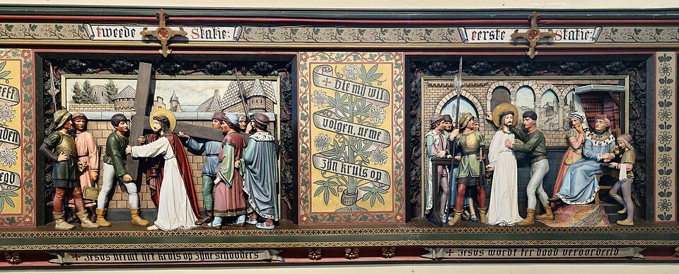 A painted Stations of the Cross relief in Sint-Gillis