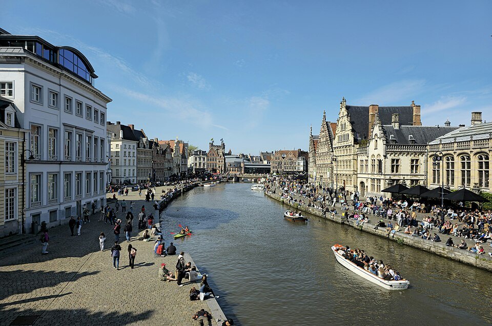 The Graslei and Korenlei in Ghent crowded on a sunny day