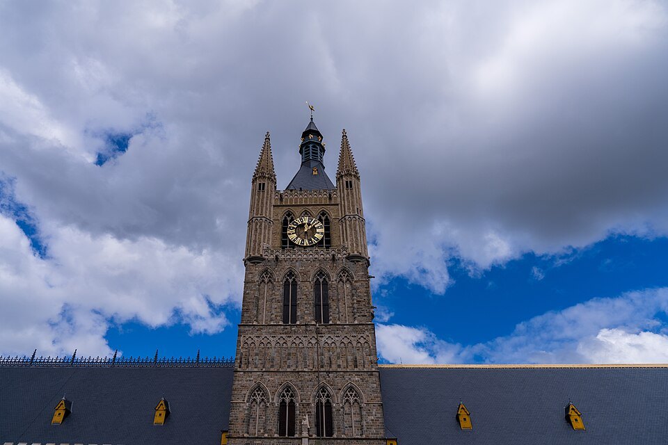 The belfry of the Cloth Hall in Ypres against clouds
