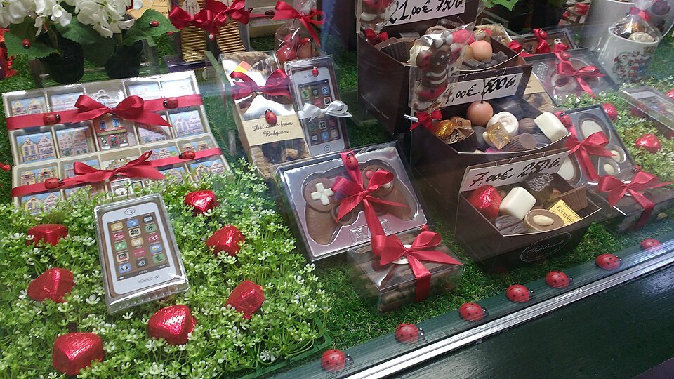 Chocolates in a festive shop window in Bruges