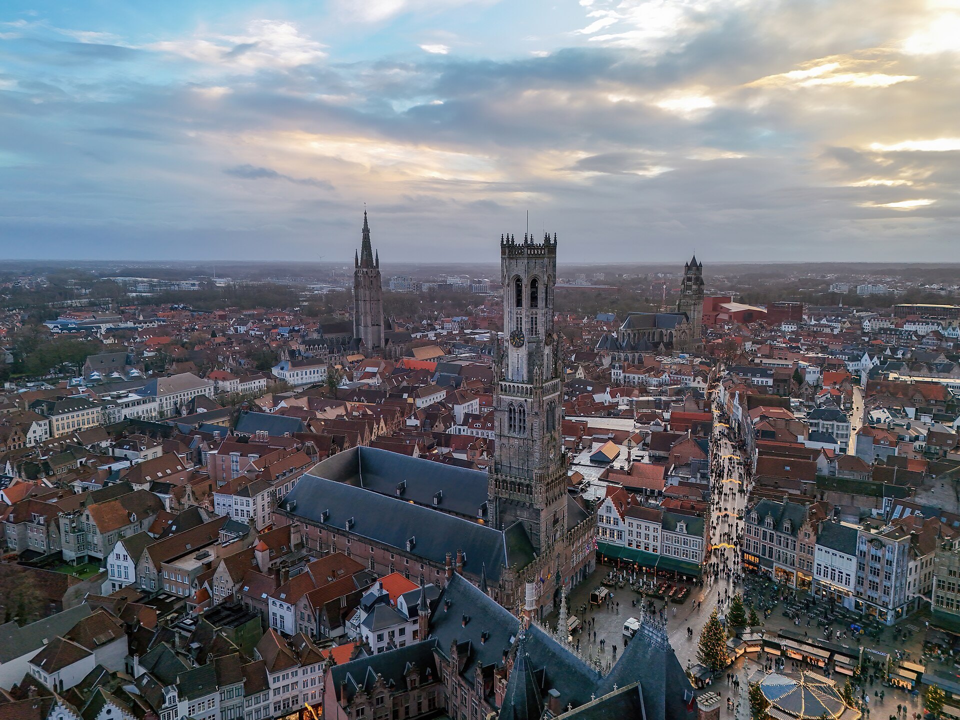 The Belfry and the roofs of the center from above at sunrise