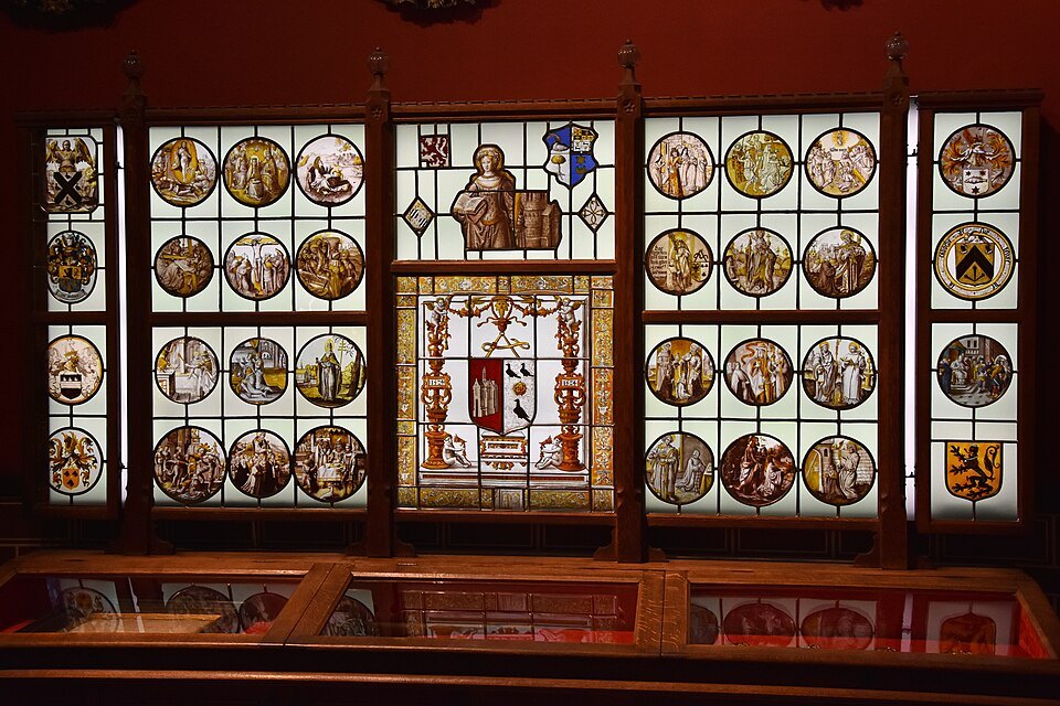 Heraldic stained-glass roundels in the treasury