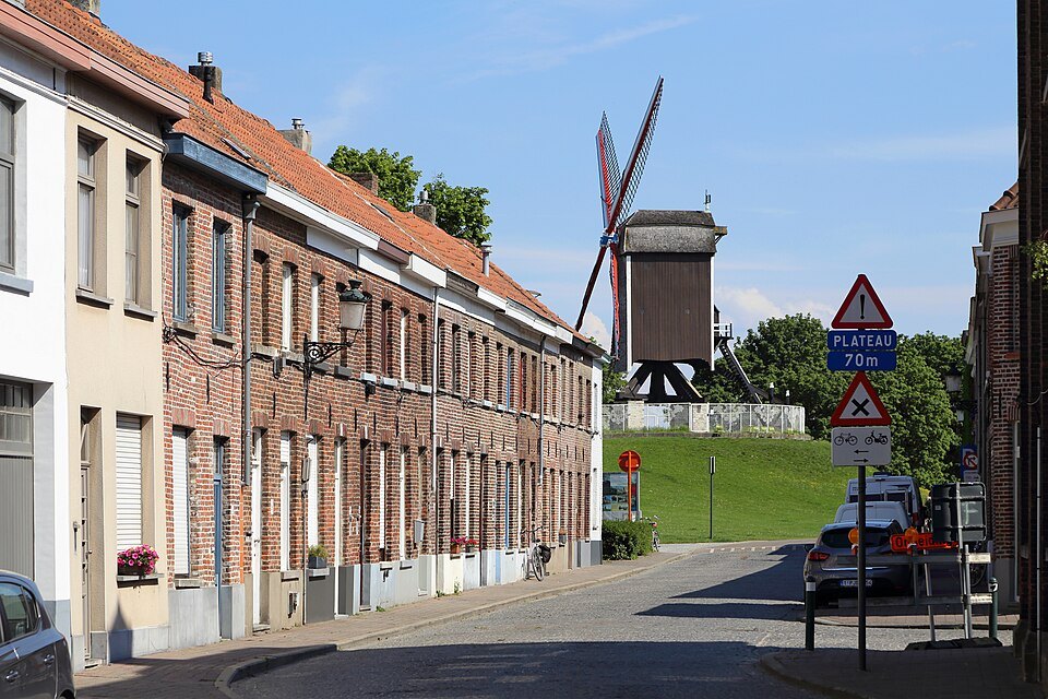 A row of brick houses on Peterseliestraat leading to a windmill